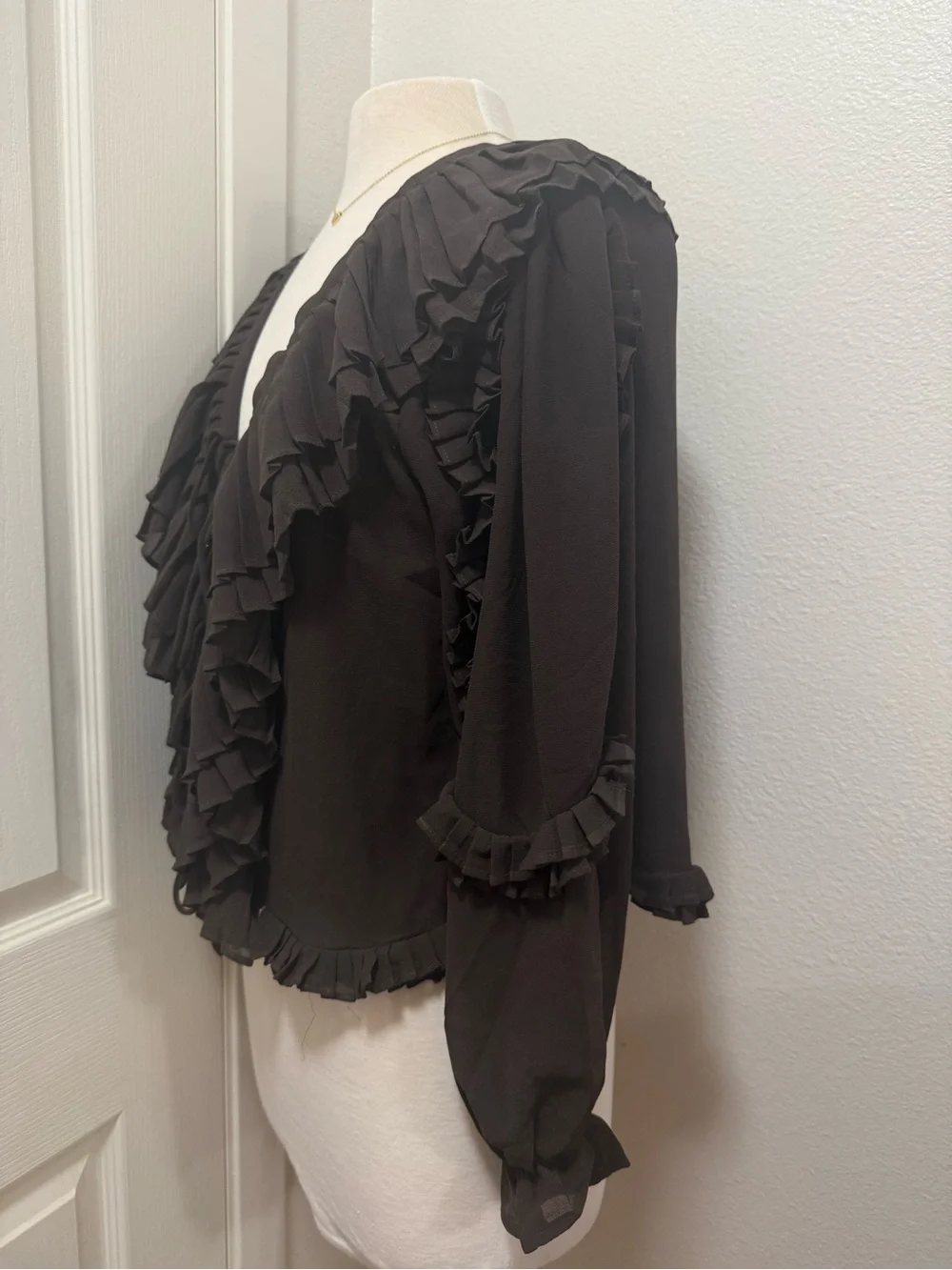 Joie Dark Brown Hot Fudge Boho/Vintage Ruffle Tie-Front Long Sleeve Blouse